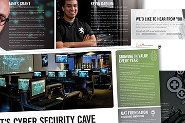 Close up images of pages in alumni publication created by FabCom Integrated Strategic Marketing featuring technology university cyber security headquarters.