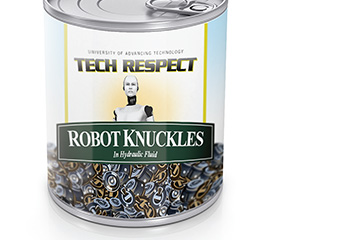 FabCom's close up image of robot knuckles can  with the image of a robot and robot knuckles surrounding him and written on the can is 