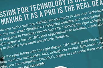 Zoomed in image of copy that FabCom created for a tech university campaign with words written in white on a blue background.