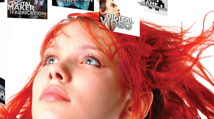 Close up of tradeshow display created by FabCom featuring a woman with bright-red hair and boxes detailing degree program names circling her head.