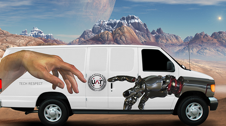 Image of large van with advertising wrap for the University of Advancing Technology driving on a road with a mountain backdrop.