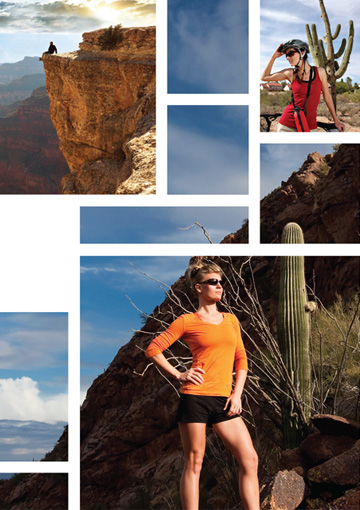 Broken block imagery shows desert activities for prospective students, such as woman hiking and biking near a saguaro cactus, and viewing the Grand Canyon from the edge of a cliff.