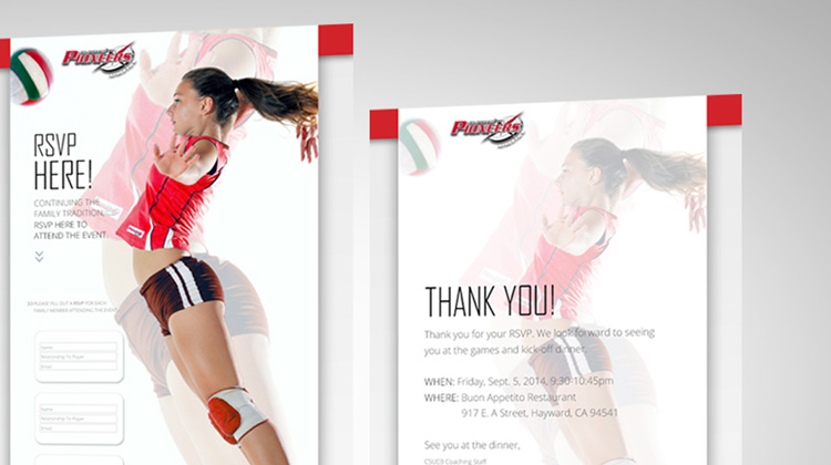 Webpage developed by FabCom of an RSVP page and a Thank You landing page that both have a female volleyball player spiking a ball.