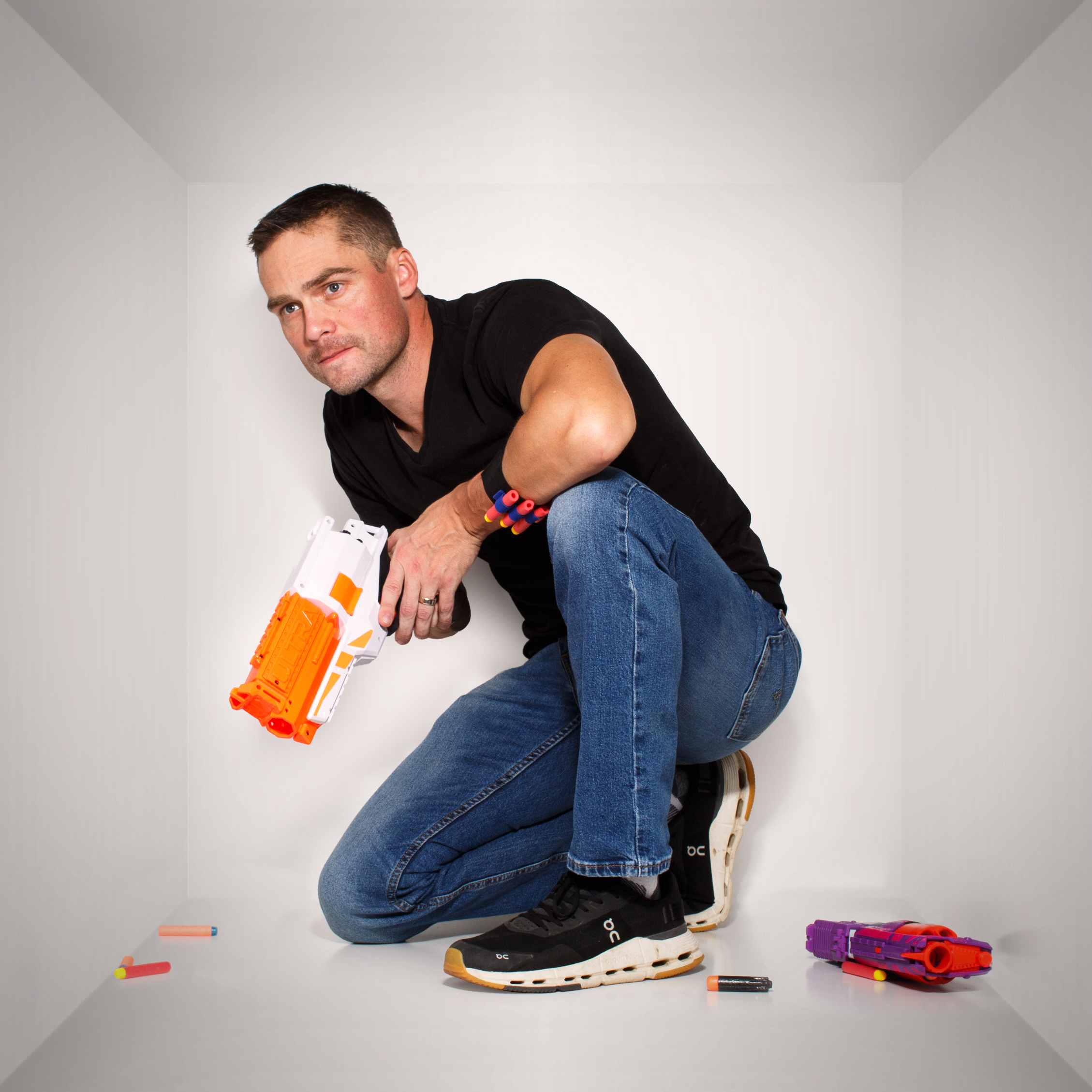 Zach being hit with nerf toys